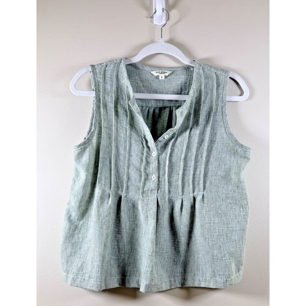 Max Studio London Womens Green V-Neck Sleeveless Pintuck Blouse - Small